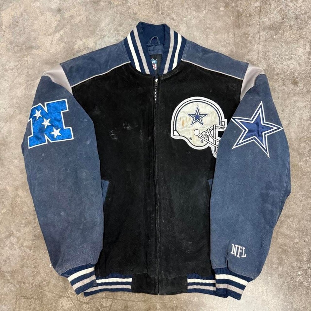 Vintage Dallas Cowboys Y2K Suede Leather Full Zip Jacket Navy Blue Black Mens M